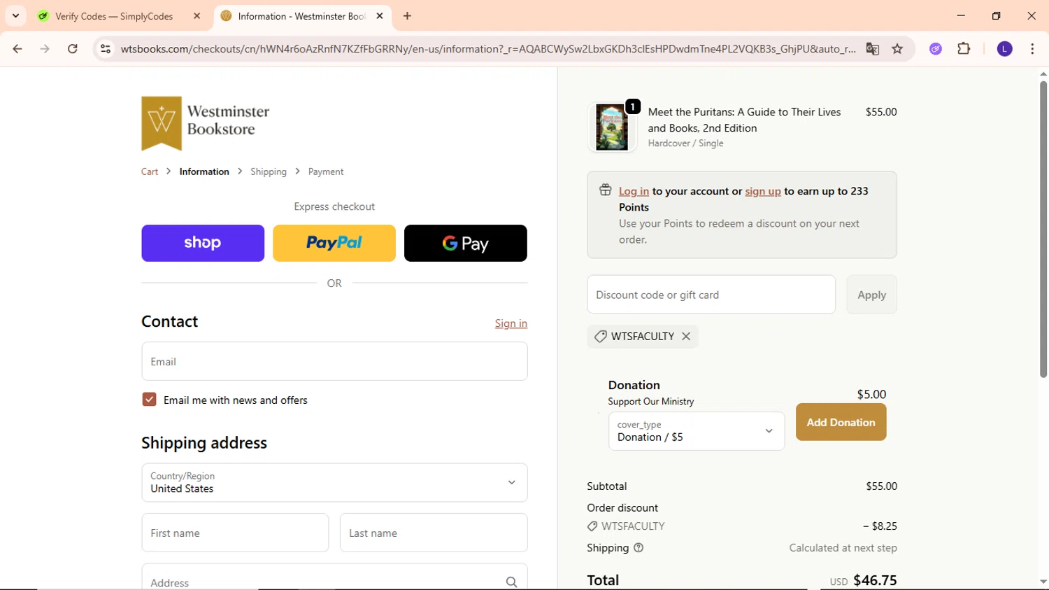 Westminister Bookstore promo code screenshot showing code WTSFACULTY applied at Westminister Bookstore checkout page. Uploaded by SimplyCodes community member EpicWarden3081 on Nov 3, 2025
