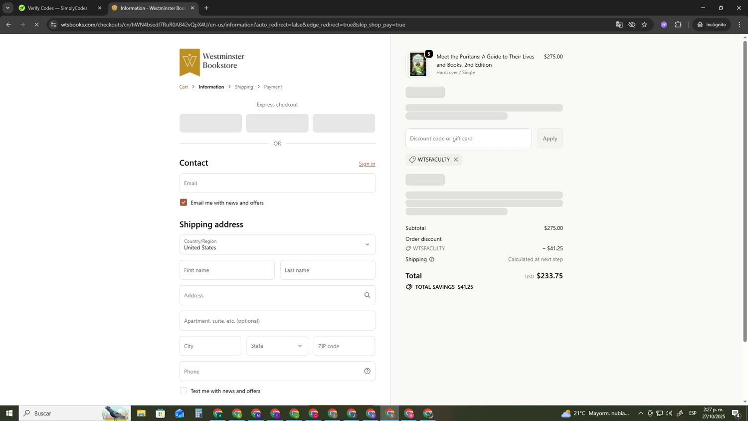 Westminister Bookstore promo code screenshot showing code WTSFACULTY applied at Westminister Bookstore checkout page. Uploaded by SimplyCodes community member SwiftSage2309 on Oct 27, 2025