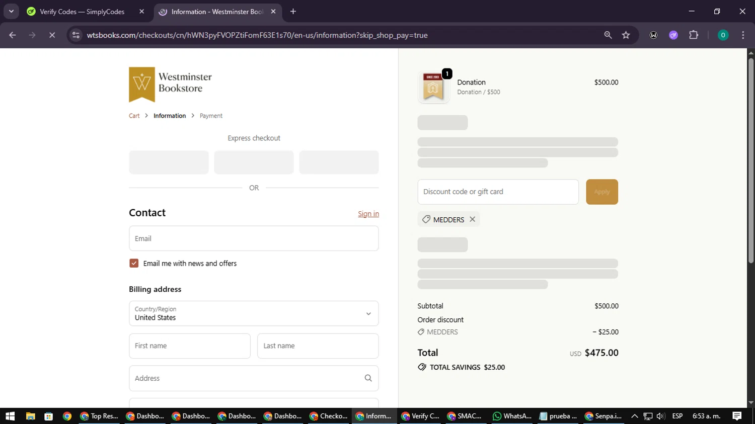 Westminister Bookstore promo code screenshot showing code MEDDERS applied at Westminister Bookstore checkout page. Uploaded by SimplyCodes community member LuckyDefender9428 on Oct 7, 2025