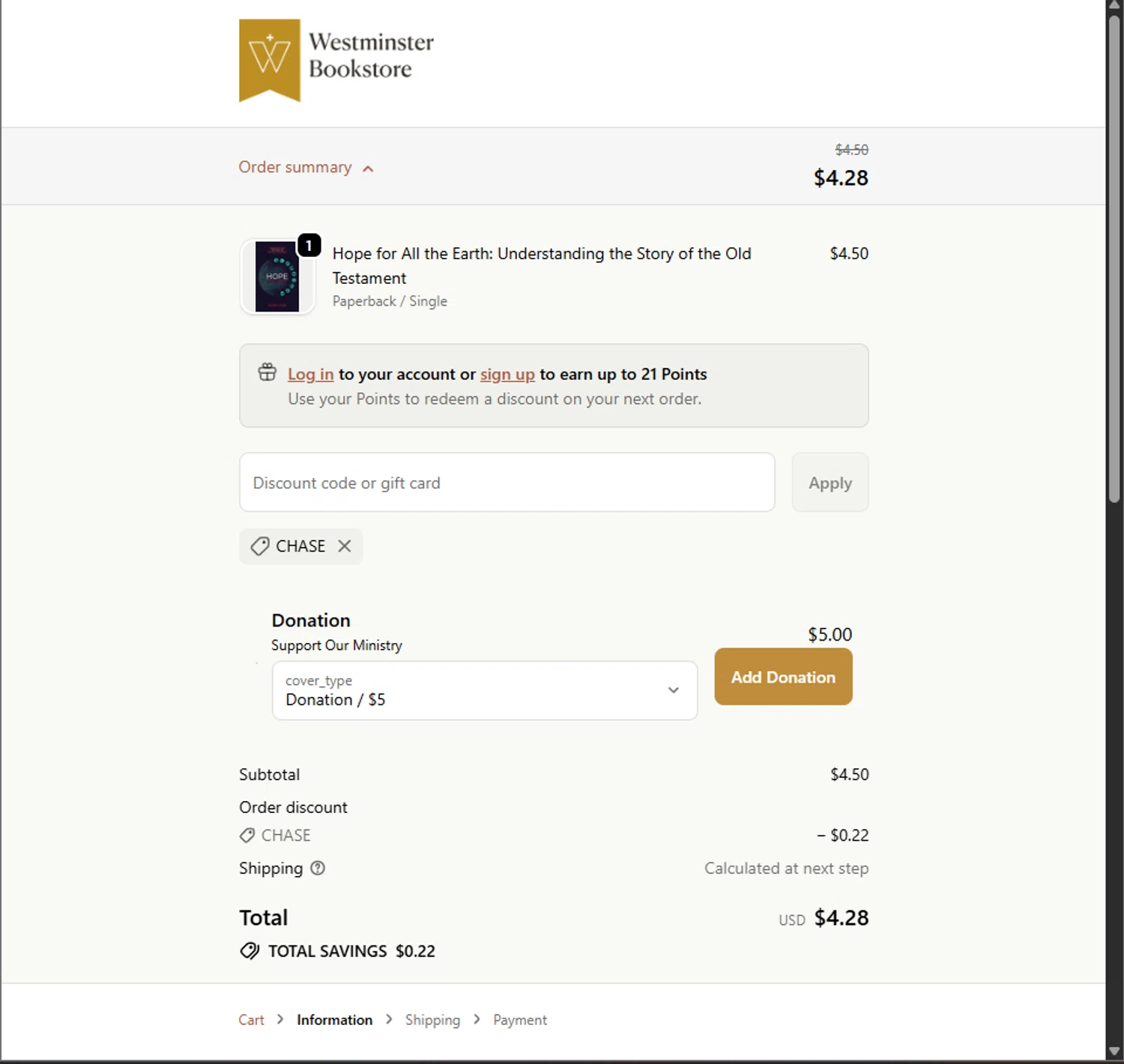 Westminister Bookstore promo code screenshot showing code CHASE applied at Westminister Bookstore checkout page. Uploaded by SimplyCodes community member PillarsofCreation on Nov 25, 2025
