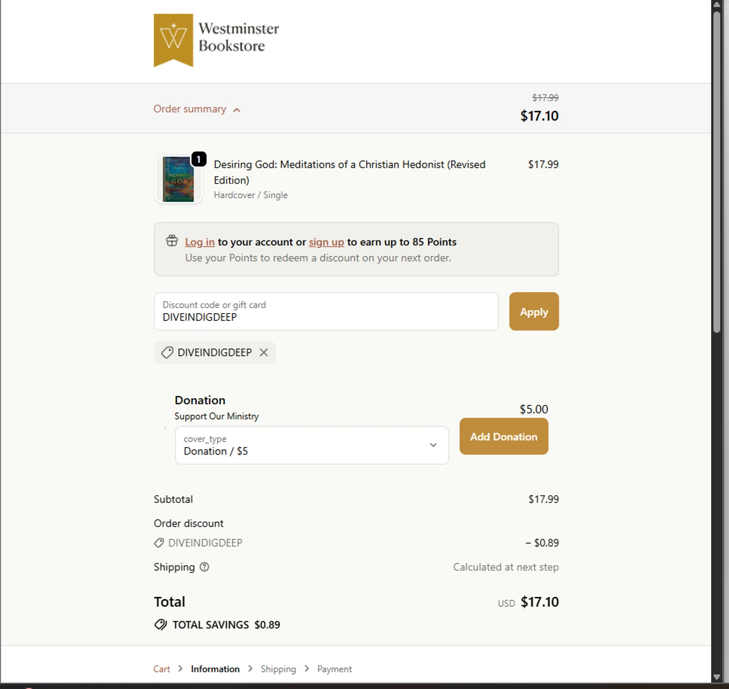 Westminister Bookstore promo code screenshot showing code DIVEINDIGDEEP applied at Westminister Bookstore checkout page. Uploaded by SimplyCodes community member PillarsofCreation on Sep 24, 2025