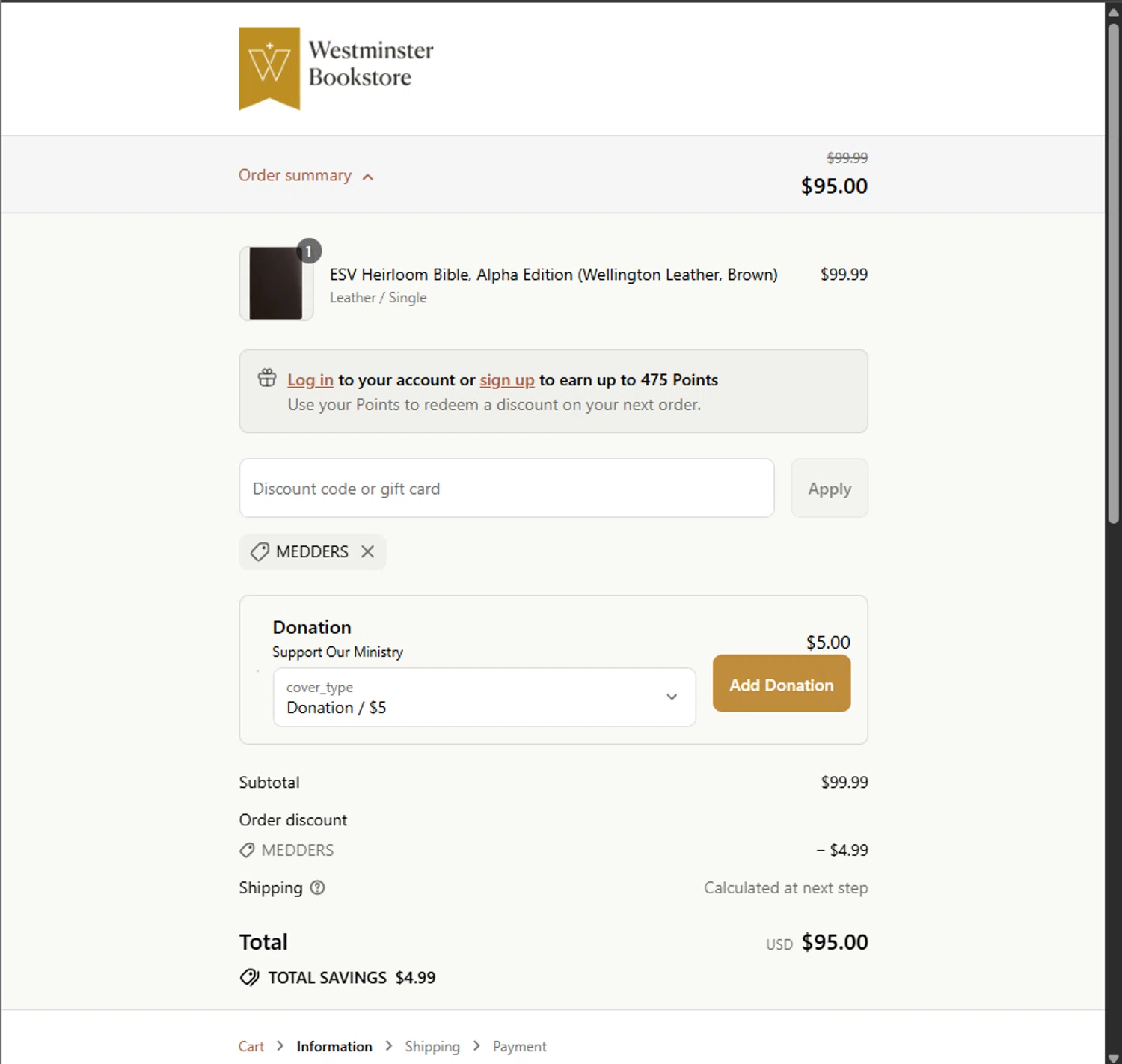 Westminister Bookstore promo code screenshot showing code MEDDERS applied at Westminister Bookstore checkout page. Uploaded by SimplyCodes community member PillarsofCreation on Sep 12, 2025