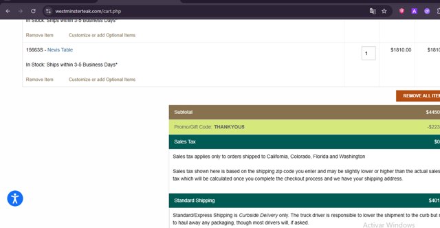 Westminster Teak checkout page showing Westminster Teak promo code box | Screenshot taken by SimplyCodes community member on Jul 9, 2025