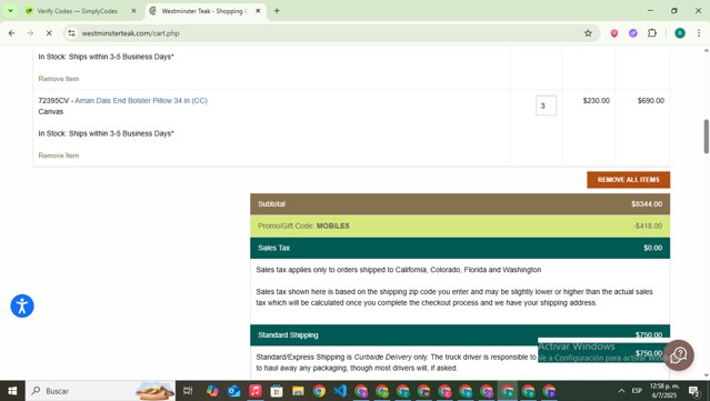 Westminster Teak checkout page showing Westminster Teak promo code box | Screenshot taken by SimplyCodes community member on Jul 6, 2025