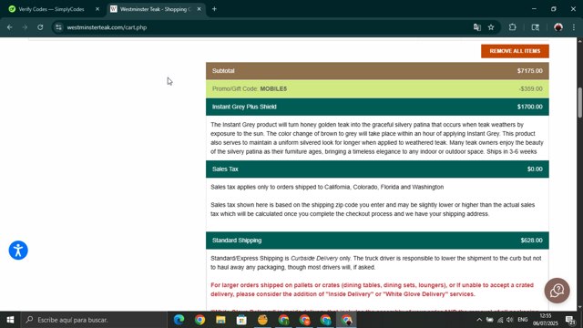 Westminster Teak checkout page showing Westminster Teak promo code box | Screenshot taken by SimplyCodes community member on Jul 6, 2025