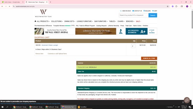 Westminster Teak checkout page showing Westminster Teak promo code box | Screenshot taken by SimplyCodes community member on Jul 9, 2025