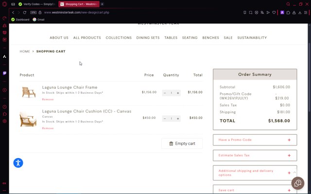 Westminster Teak checkout page showing Westminster Teak promo code box | Screenshot taken by SimplyCodes community member on Aug 2, 2025