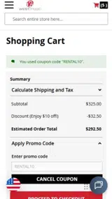 RENTAL10 coupon verification screenshot