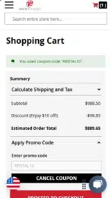 RENTAL10 coupon verification screenshot