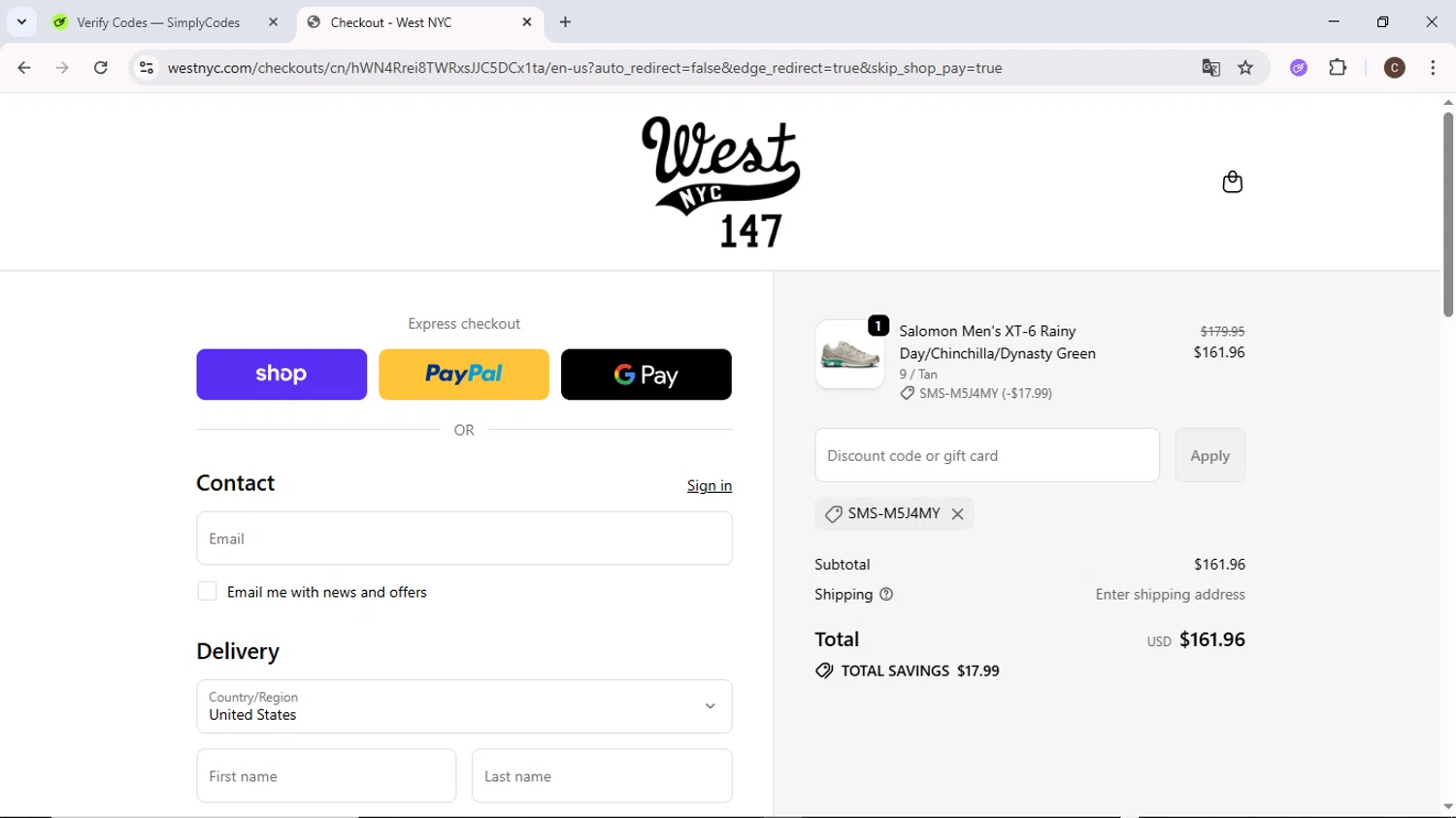 West NYC promo code screenshot showing code SMS-M5j4My applied at West NYC checkout page. Uploaded by SimplyCodes community member MoneyPilot9634 on Oct 23, 2025