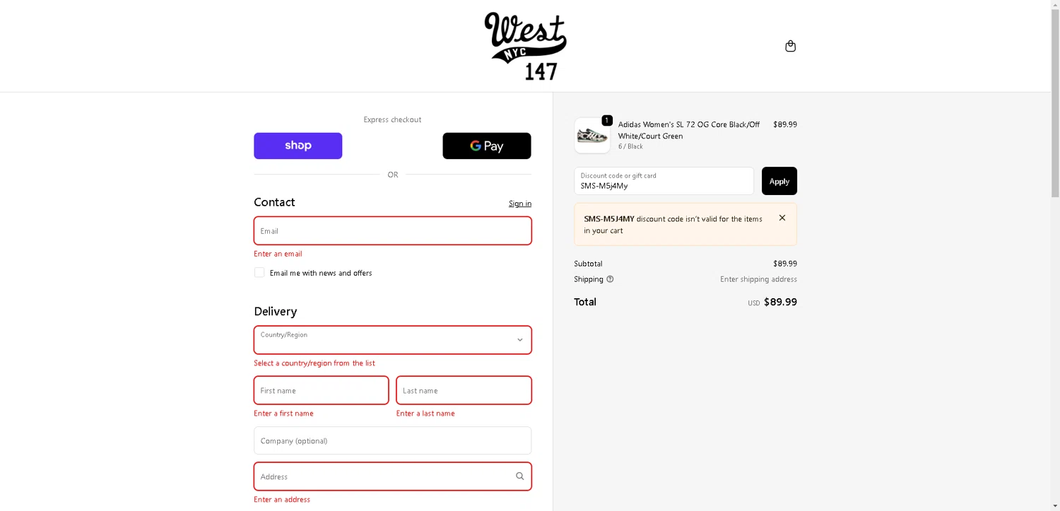 West NYC promo code screenshot showing code SMS-M5j4My applied at West NYC checkout page. Uploaded by SimplyCodes community member PrimeSentinel4675 on Oct 27, 2025