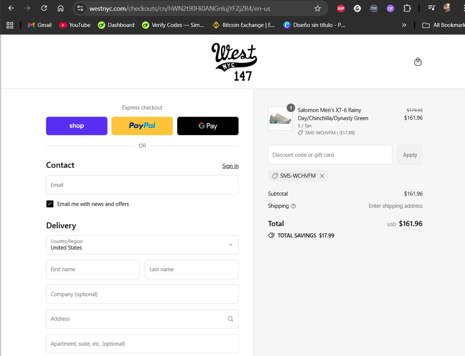 West NYC promo code screenshot showing code SMS-WCHVfM applied at West NYC checkout page. Uploaded by SimplyCodes community member LiShang on Sep 12, 2025