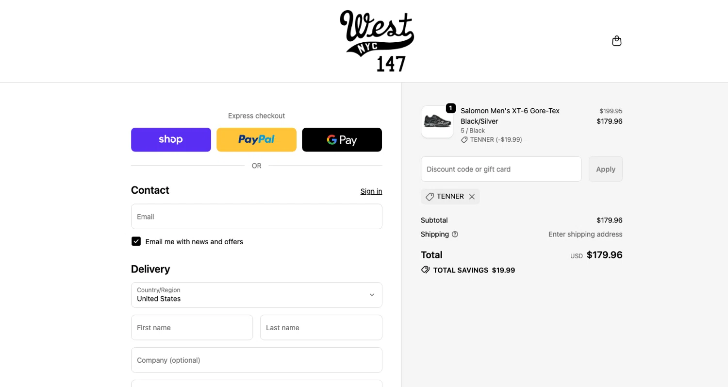 West NYC promo code screenshot showing code TENNER applied at West NYC checkout page. Uploaded by SimplyCodes community member ELOIN777 on Jan 8, 2026