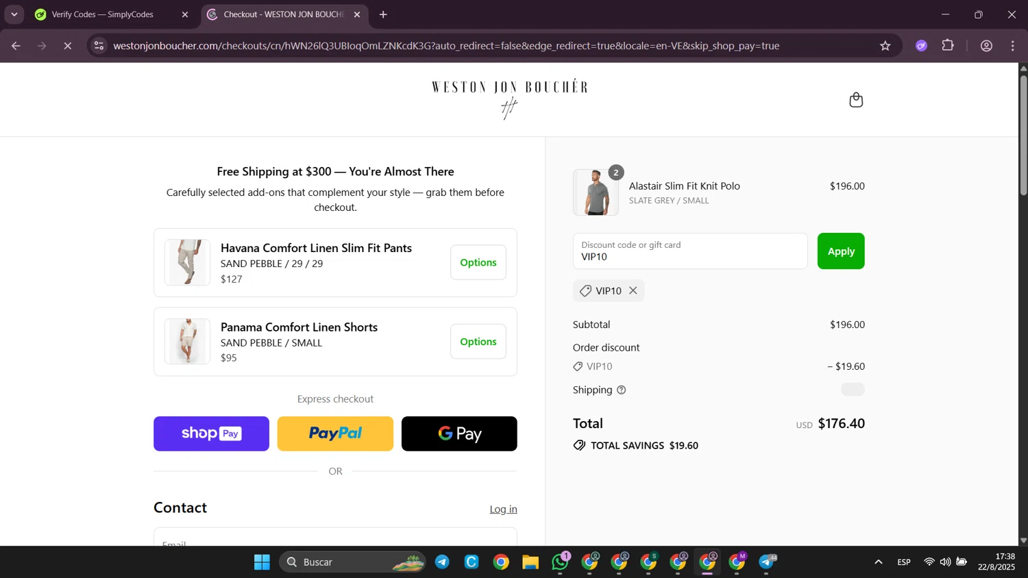 Weston Jon Bouchér promo code screenshot showing code VIP10 applied at Weston Jon Bouchér checkout page. Uploaded by SimplyCodes community member SilverWhiz4145 on Aug 22, 2025