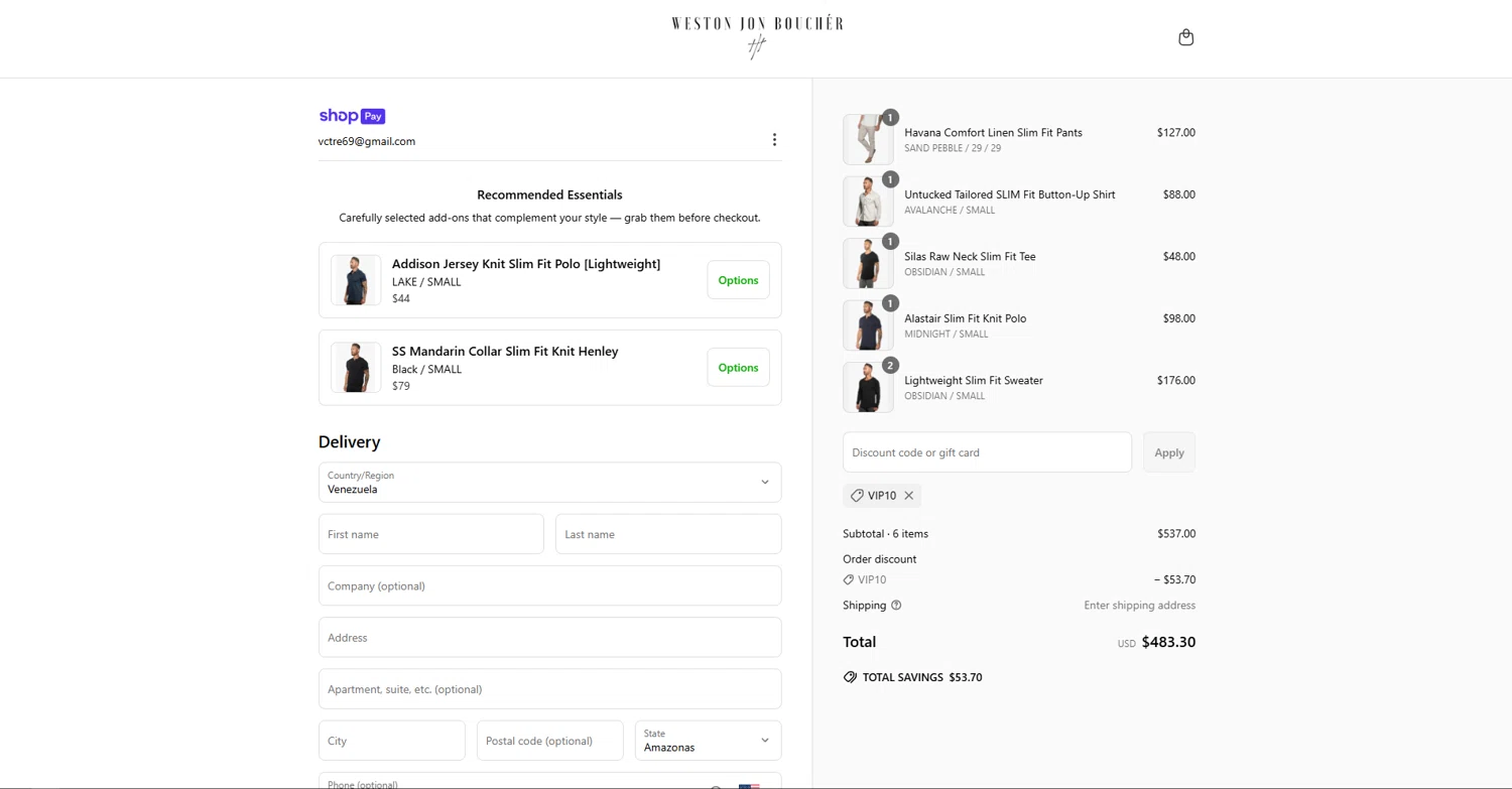 Weston Jon Bouchér promo code screenshot showing code VIP10 applied at Weston Jon Bouchér checkout page. Uploaded by SimplyCodes community member vctr7w7x on Jun 15, 2025
