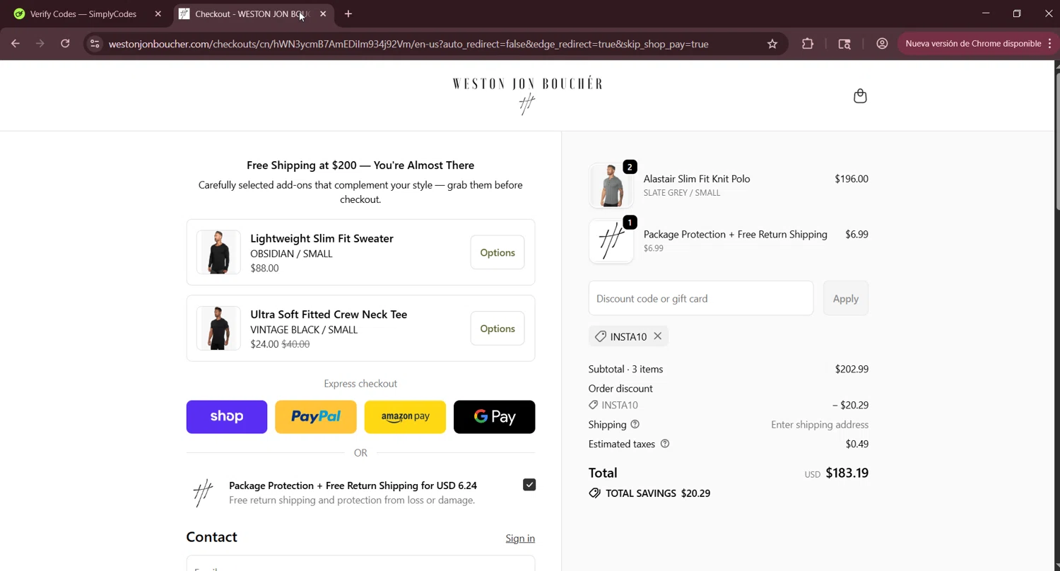 Weston Jon Bouchér promo code screenshot showing code INSTA10 applied at Weston Jon Bouchér checkout page. Uploaded by SimplyCodes community member LuckyNavigator1490 on Oct 11, 2025