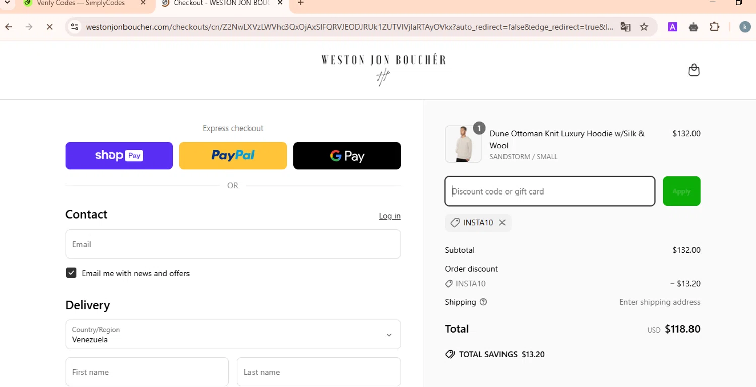 Weston Jon Bouchér promo code screenshot showing code INSTA10 applied at Weston Jon Bouchér checkout page. Uploaded by SimplyCodes community member FortunateMaven6799 on Mar 31, 2025