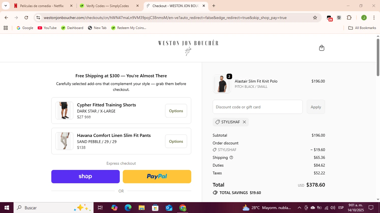 Weston Jon Bouchér promo code screenshot showing code STYLISHAF applied at Weston Jon Bouchér checkout page. Uploaded by SimplyCodes community member Sukuna_ on Oct 15, 2025
