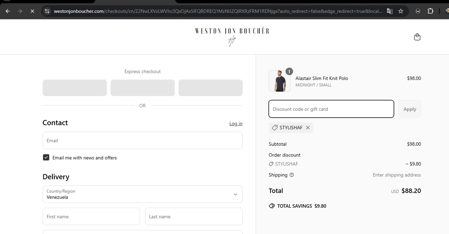 Weston Jon Bouchér promo code screenshot showing code STYLISHAF applied at Weston Jon Bouchér checkout page. Uploaded by SimplyCodes community member RoyalSpotter5217 on Mar 31, 2025