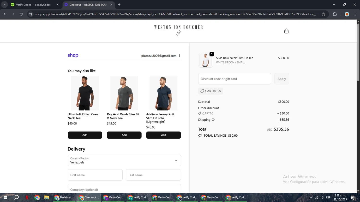 Weston Jon Bouchér promo code screenshot showing code cart10 applied at Weston Jon Bouchér checkout page. Uploaded by SimplyCodes community member BonusCaptain9927 on Oct 23, 2025