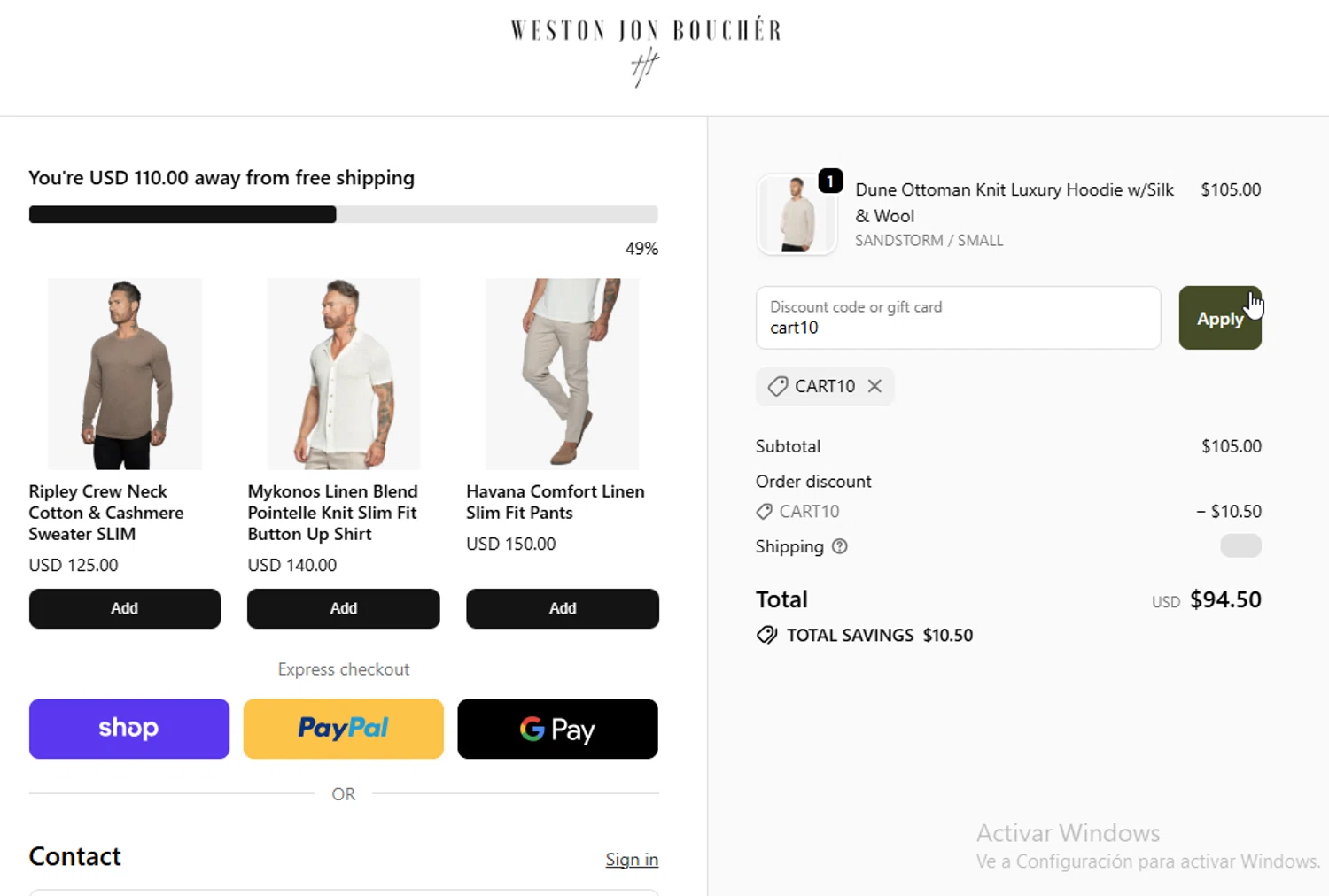 Weston Jon Bouchér promo code screenshot showing code cart10 applied at Weston Jon Bouchér checkout page. Uploaded by SimplyCodes community member Sheele_Icon on Dec 11, 2025