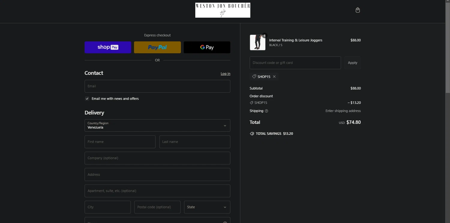 Weston Jon Bouchér promo code screenshot showing code SHOP15 applied at Weston Jon Bouchér checkout page. Uploaded by SimplyCodes community member Pollofrito on Feb 8, 2025