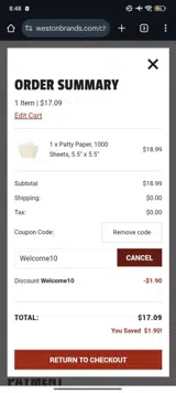 WELCOME10 coupon verification screenshot