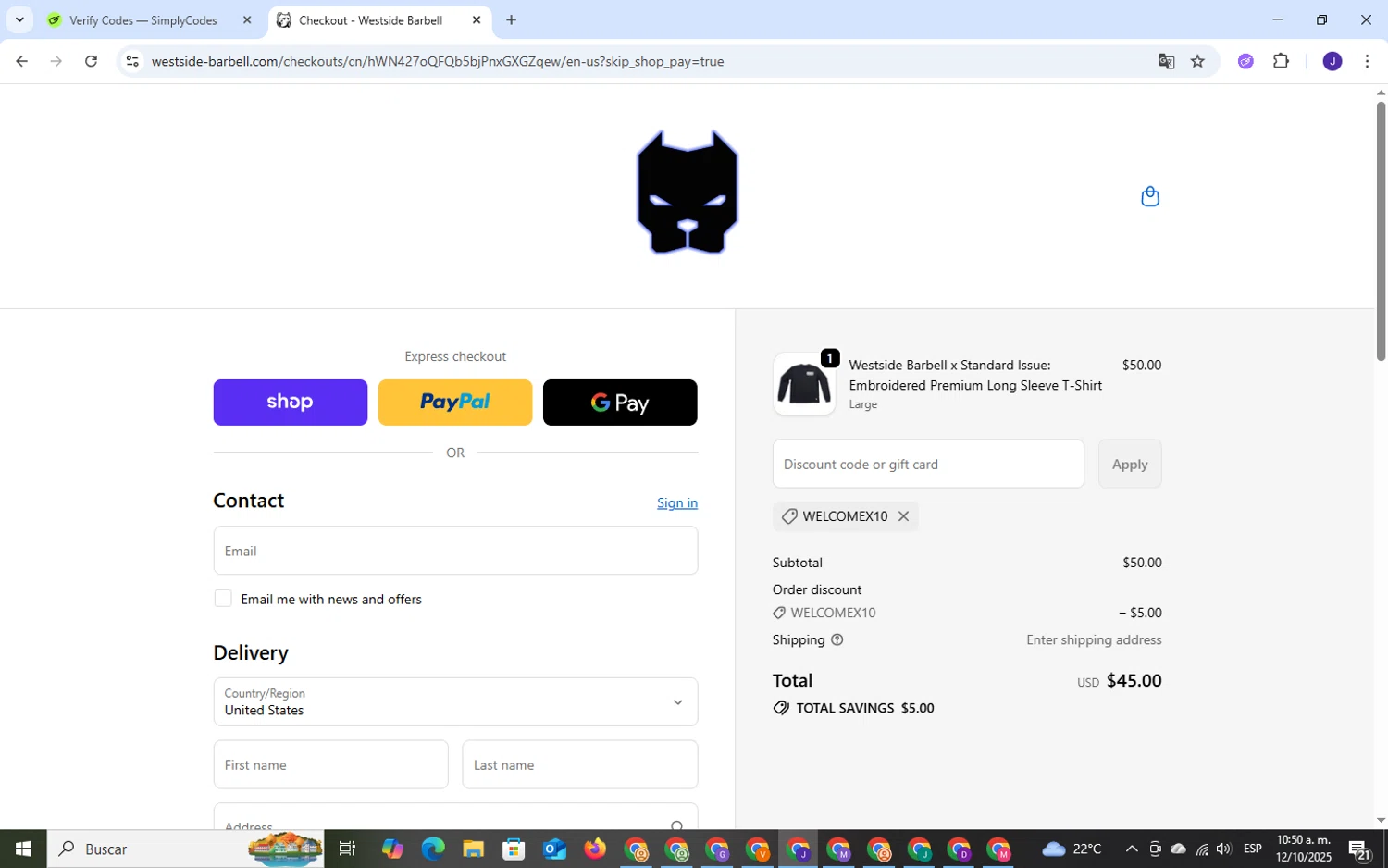 Westside Barbell promo code screenshot showing code WELCOMEX10 applied at Westside Barbell checkout page. Uploaded by SimplyCodes community member ExtraordinaryWizard9697 on Oct 12, 2025