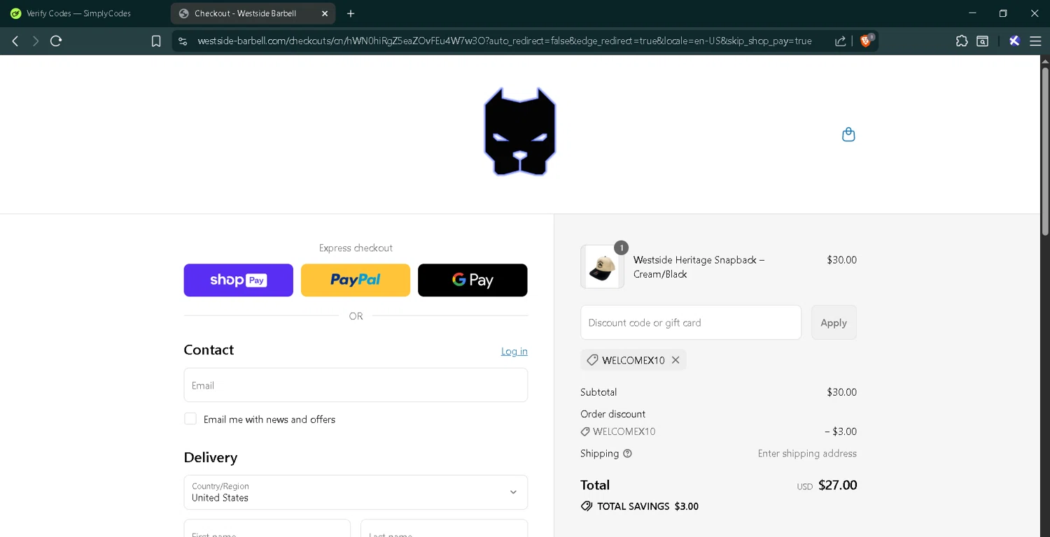 Westside Barbell promo code screenshot showing code WELCOMEX10 applied at Westside Barbell checkout page. Uploaded by SimplyCodes community member RoyalMaverick7546 on Jul 16, 2025