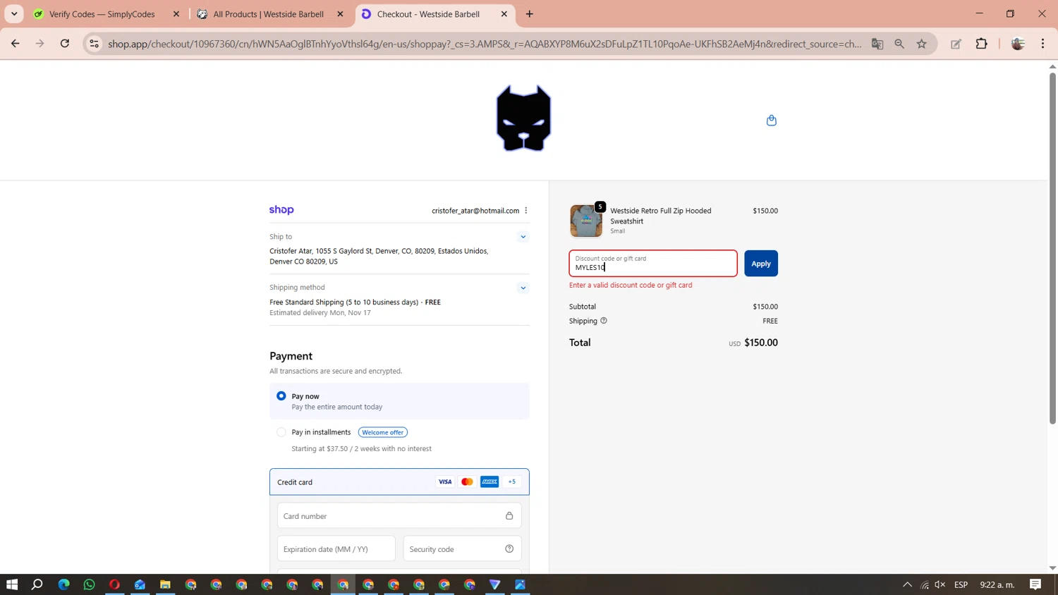 Westside Barbell promo code screenshot showing code MYLES10 applied at Westside Barbell checkout page. Uploaded by SimplyCodes community member MariAPB on Nov 11, 2025