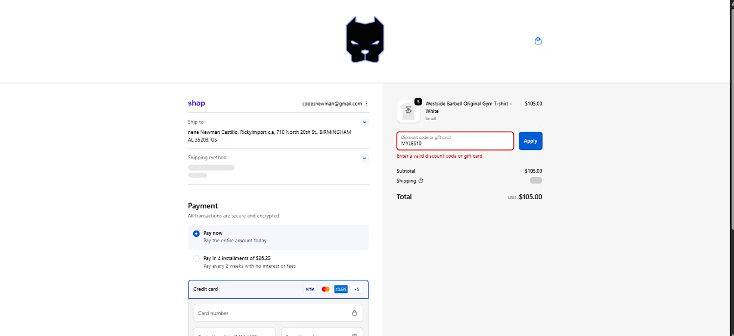 Westside Barbell promo code screenshot showing code MYLES10 applied at Westside Barbell checkout page. Uploaded by SimplyCodes community member larenacida on Nov 11, 2025