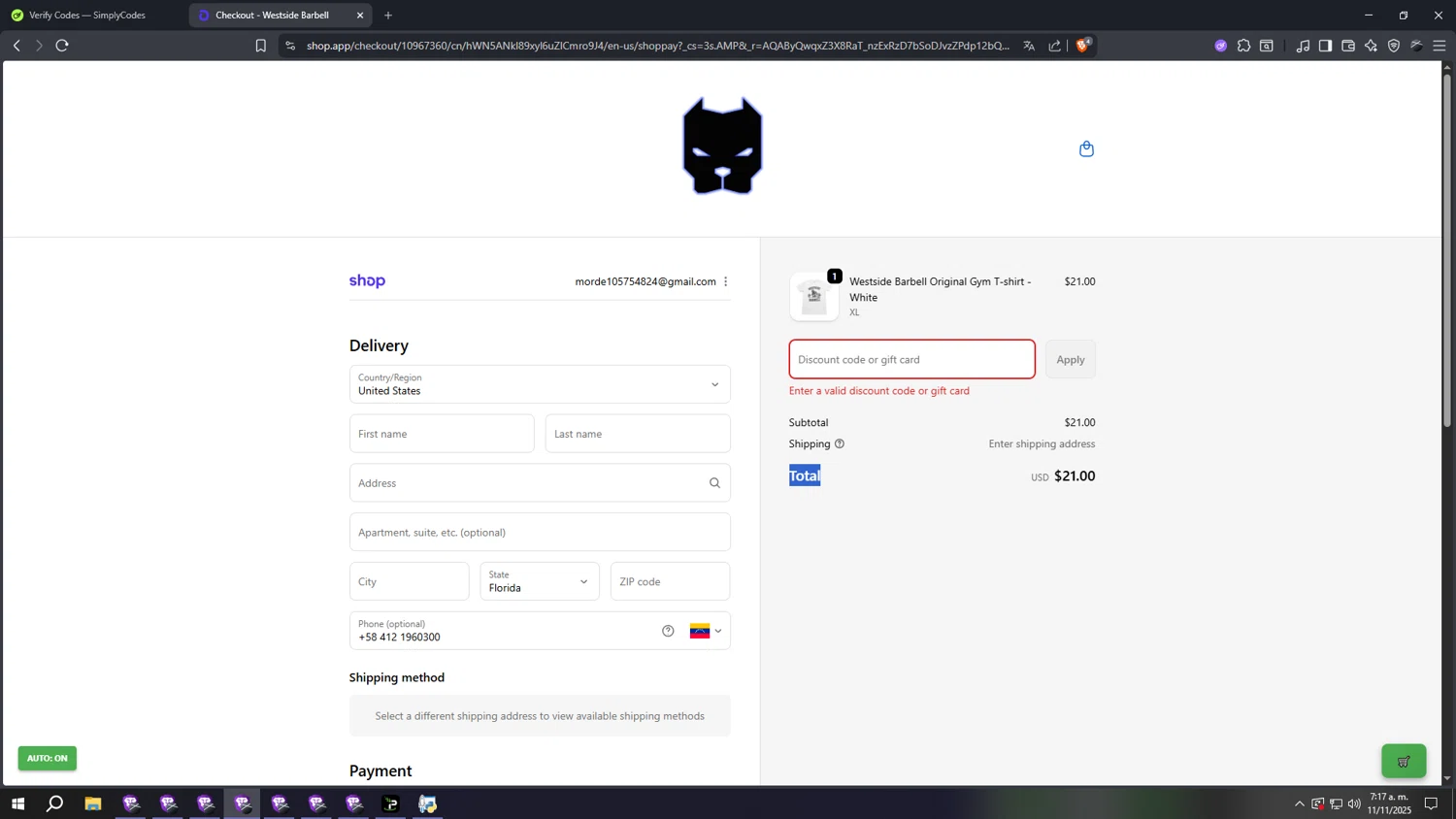 Westside Barbell promo code screenshot showing code NIGHT applied at Westside Barbell checkout page. Uploaded by SimplyCodes community member gggggggggggggggggggggg on Nov 11, 2025