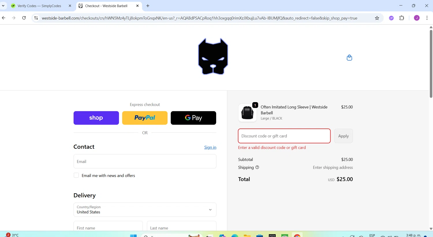 Westside Barbell promo code screenshot showing code 10OFF applied at Westside Barbell checkout page. Uploaded by SimplyCodes community member CleverChaser8361 on Nov 16, 2025