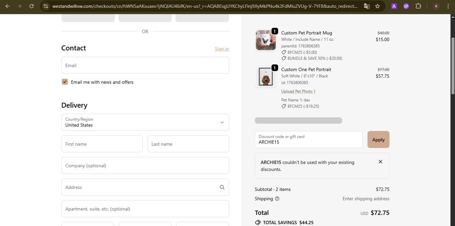 West & Willow discount code screenshot showing code ARCHIE15 applied at West & Willow checkout page. Uploaded by SimplyCodes community member GoldCurator1773 on Nov 22, 2025