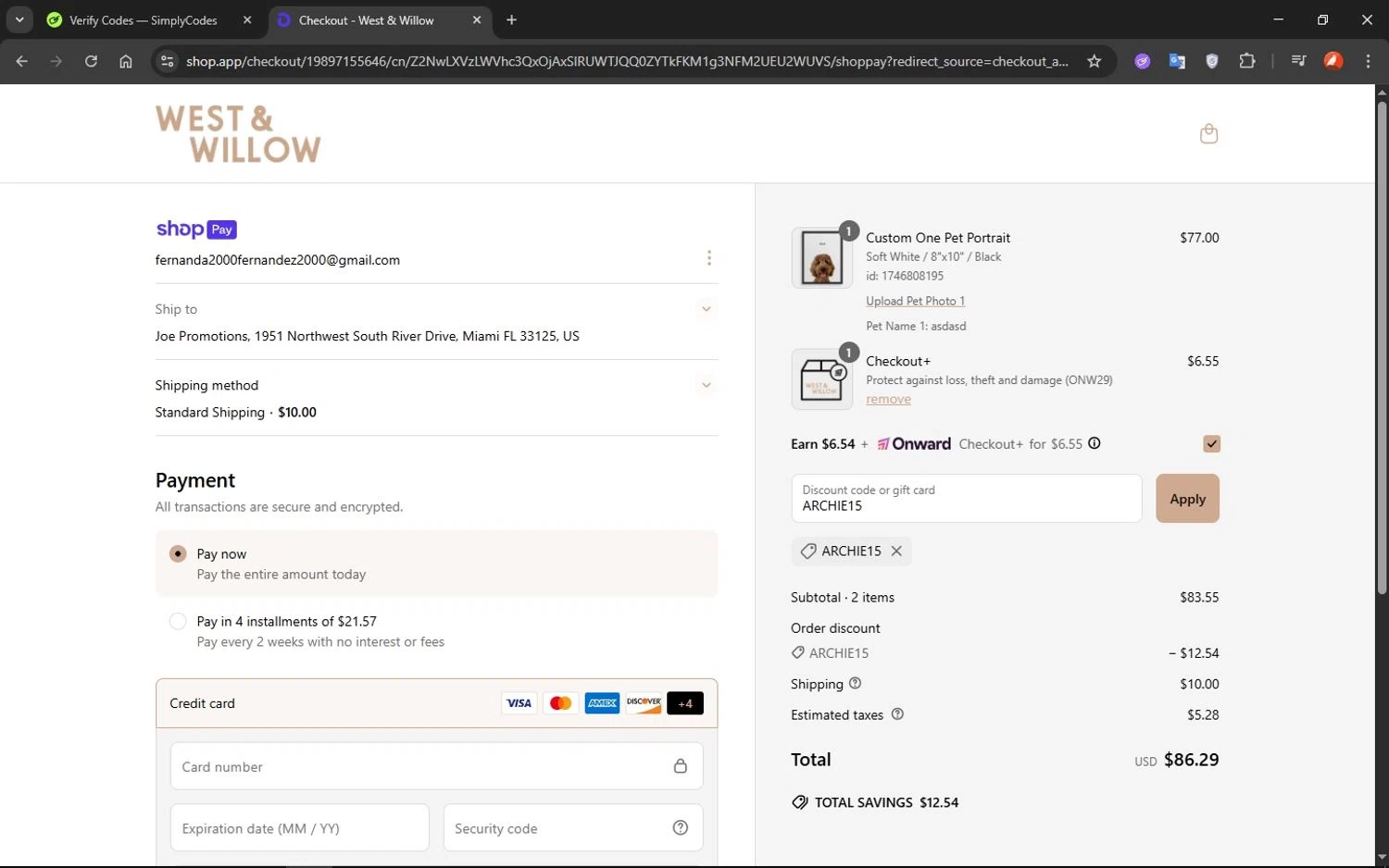 West & Willow discount code screenshot showing code ARCHIE15 applied at West & Willow checkout page. Uploaded by SimplyCodes community member VoucherShopper1452 on May 9, 2025