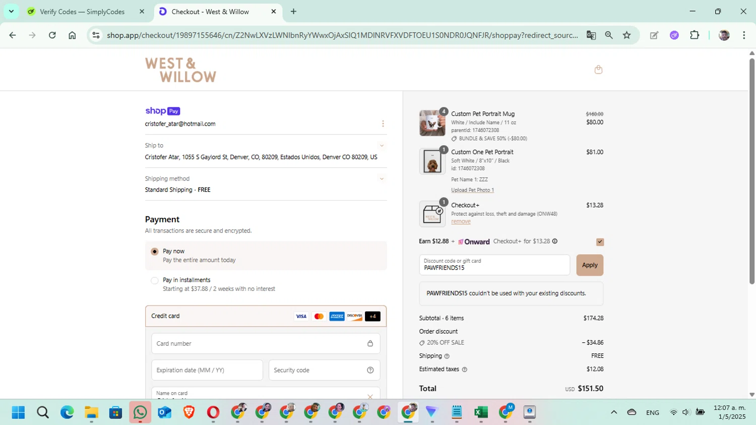 West & Willow discount code screenshot showing code PAWFRIENDS15 applied at West & Willow checkout page. Uploaded by SimplyCodes community member DavGutFig on May 1, 2025