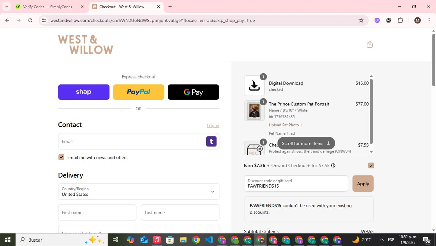 West & Willow discount code screenshot showing code PAWFRIENDS15 applied at West & Willow checkout page. Uploaded by SimplyCodes community member WonderWizard9060 on Sep 2, 2025
