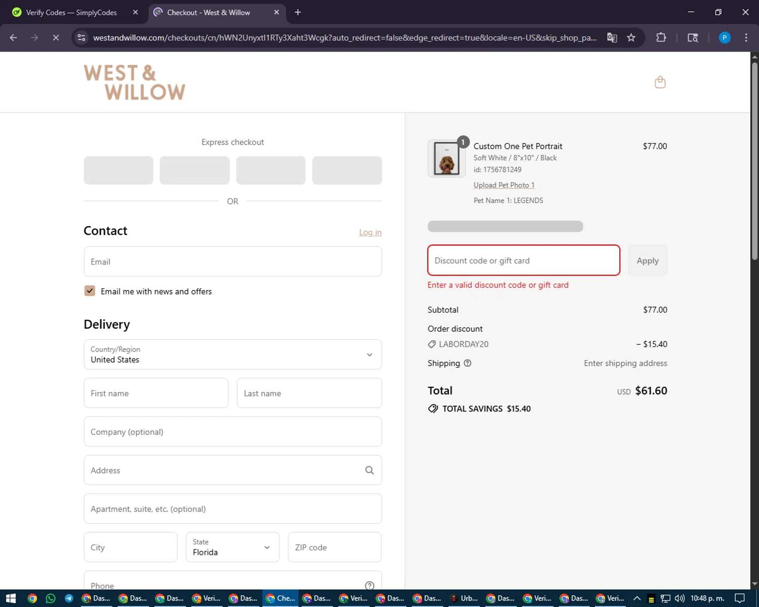 West & Willow discount code screenshot showing code PAWFRIENDS15 applied at West & Willow checkout page. Uploaded by SimplyCodes community member juiceWRLD on Sep 2, 2025