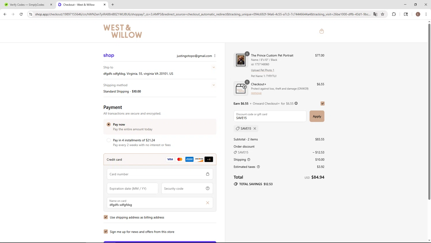 West & Willow discount code screenshot showing code SAVE15 applied at West & Willow checkout page. Uploaded by SimplyCodes community member BENELLI on Sep 6, 2025