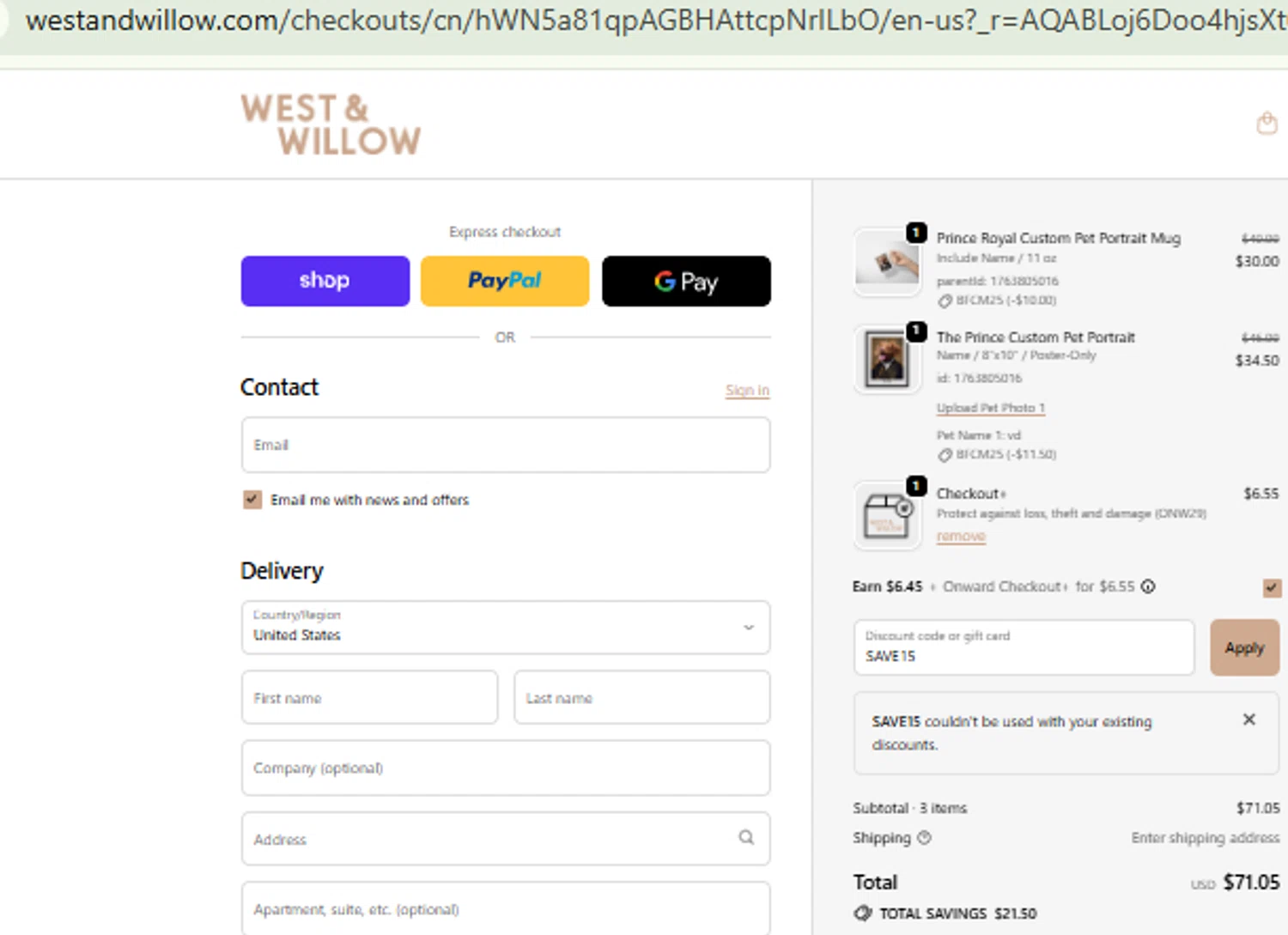 West & Willow discount code screenshot showing code SAVE15 applied at West & Willow checkout page. Uploaded by SimplyCodes community member CashMaestro9337 on Nov 22, 2025