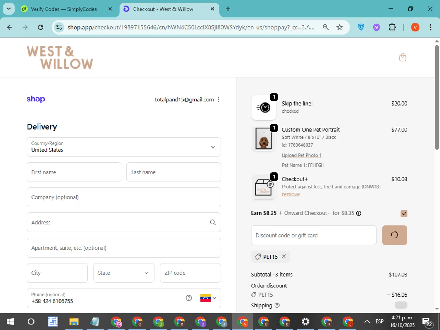 West & Willow discount code screenshot showing code PET15 applied at West & Willow checkout page. Uploaded by SimplyCodes community member CodeMonarch8148 on Oct 16, 2025
