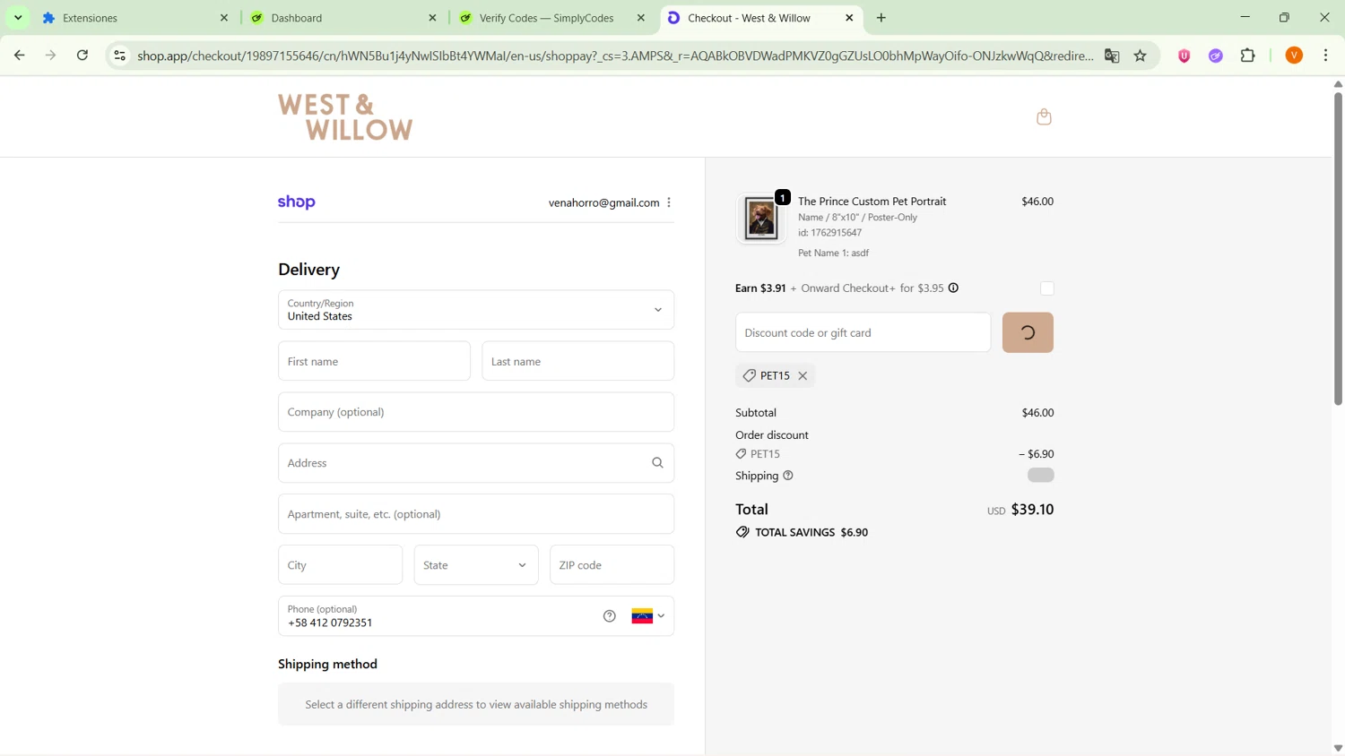 West & Willow discount code screenshot showing code PET15 applied at West & Willow checkout page. Uploaded by SimplyCodes community member ExtraordinarySaver9637 on Nov 12, 2025