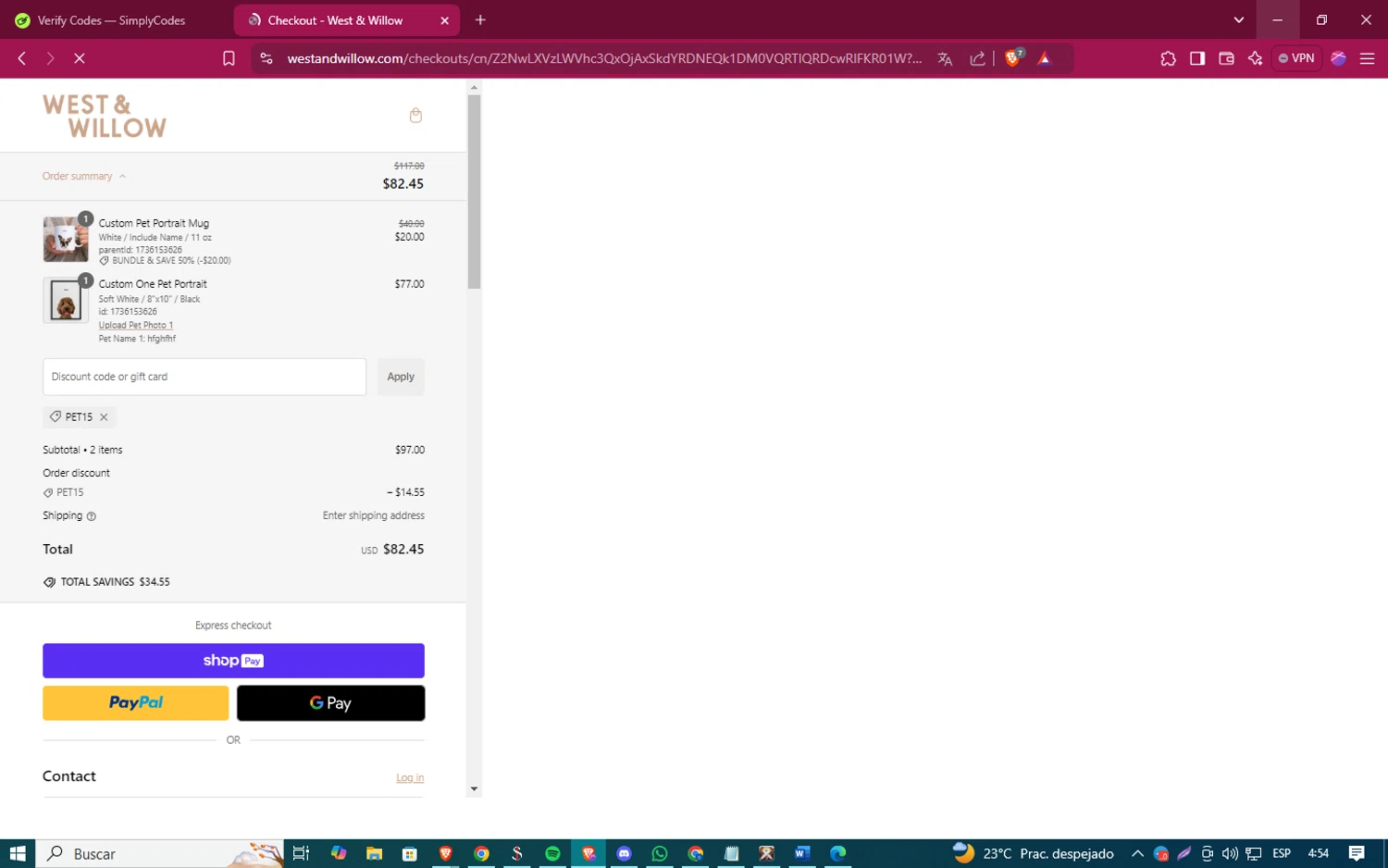 West & Willow discount code screenshot showing code PET15 applied at West & Willow checkout page. Uploaded by SimplyCodes community member ShinazugawaSanemi on Jan 6, 2025