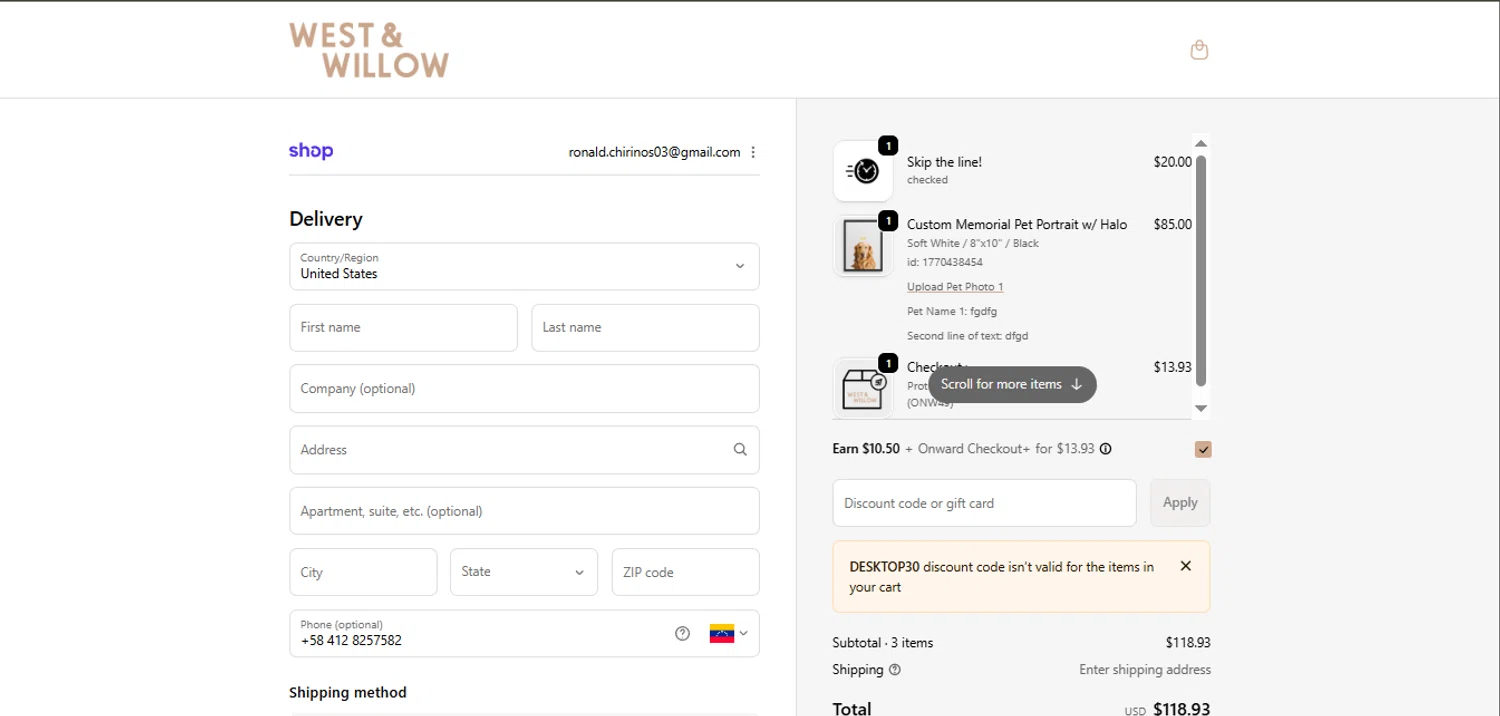 West & Willow checkout page showing West & Willow discount code box | Screenshot taken by SimplyCodes community member on Feb 7, 2026
