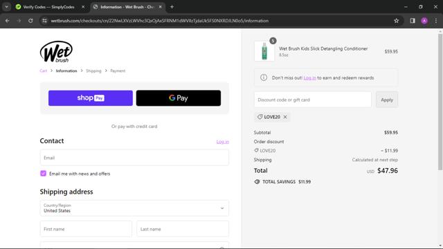Wet Brush checkout page showing Wet Brush promo code box | Screenshot taken by SimplyCodes community member on Apr 4, 2024