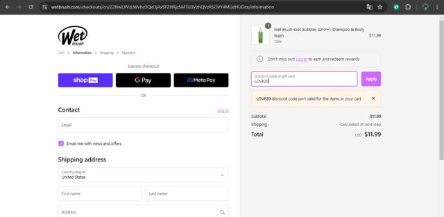 Wet Brush checkout page showing Wet Brush promo code box | Screenshot taken by SimplyCodes community member on Apr 15, 2024