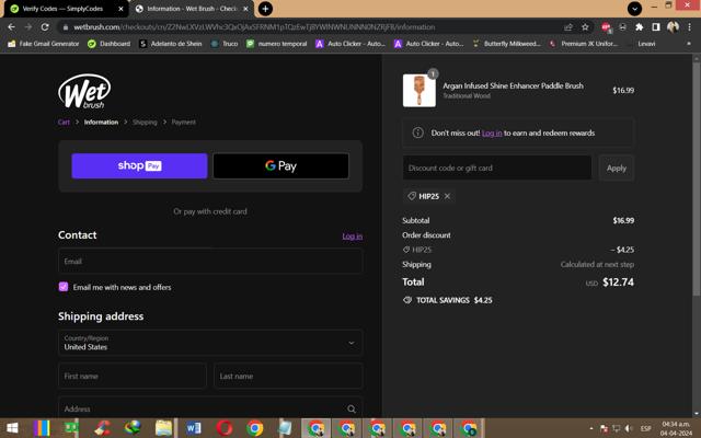 Wet Brush checkout page showing Wet Brush promo code box | Screenshot taken by SimplyCodes community member on Apr 4, 2024