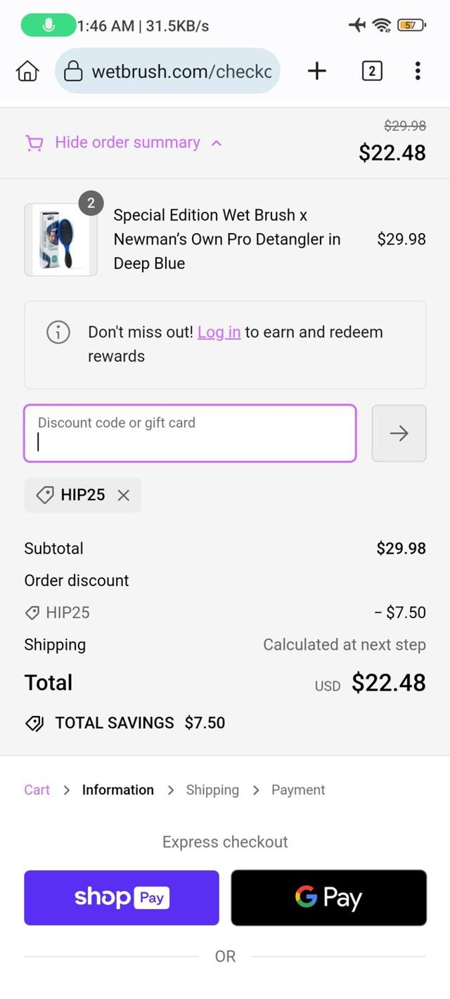 Wet Brush checkout page showing Wet Brush promo code box | Screenshot taken by SimplyCodes community member on Mar 19, 2024