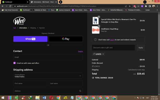 Wet Brush checkout page showing Wet Brush promo code box | Screenshot taken by SimplyCodes community member on Apr 24, 2024