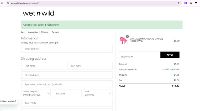 Wet n Wild checkout page showing Wet n Wild promo code box | Screenshot taken by SimplyCodes community member on May 8, 2025